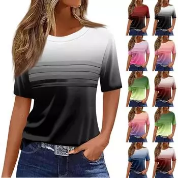 Женская плиссированная футболка с круглым вырезом и градиентным принтом, короткий рукав, топ с разрезом по низу L синий