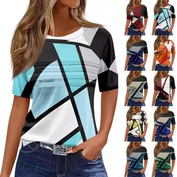 Женская плиссированная футболка с круглым вырезом и полосатым принтом, короткий рукав, топ с разрезом по низу L синий