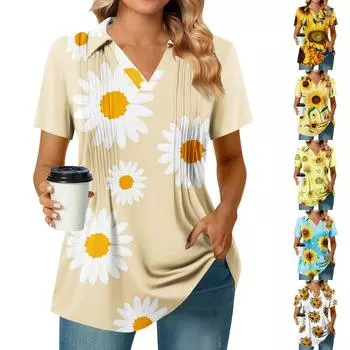 Женская плиссированная футболка с V-образным вырезом и короткими рукавами с принтом подсолнухов, повседневная деловая рубашка XXL бежевый