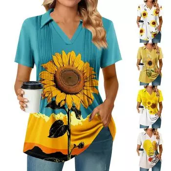 Женская плиссированная футболка с V-образным вырезом и короткими рукавами с принтом подсолнухов, повседневная деловая рубашка XL бежевый