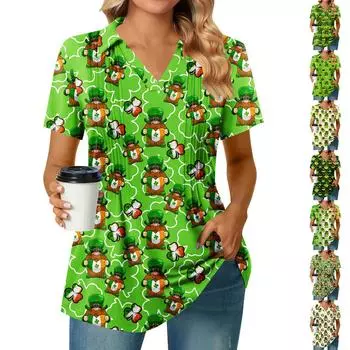 Женская плиссированная футболка с V-образным вырезом и короткими рукавами с принтом подсолнухов, повседневная деловая рубашка XL