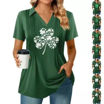 Женская плиссированная футболка с V-образным вырезом и короткими рукавами с принтом подсолнухов, повседневная деловая рубашка XXL зелёный