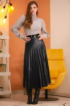Женская плиссированная кожаная юбка длины миди с поясом