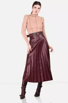 Женская плиссированная кожаная юбка длины миди с поясом