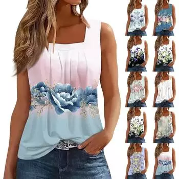 Женская плиссированная майка без рукавов с квадратным вырезом и растительным принтом S