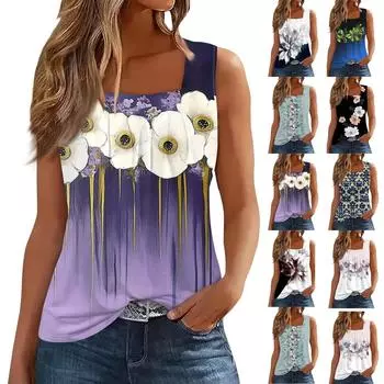 Женская плиссированная майка без рукавов с квадратным вырезом и растительным принтом M фиолетовый