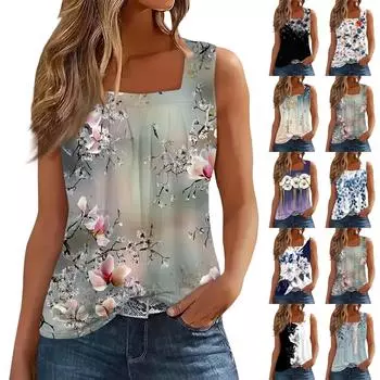 Женская плиссированная майка без рукавов с квадратным вырезом и растительным принтом L бежевый