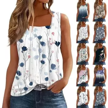 Женская плиссированная майка без рукавов с квадратным вырезом и растительным принтом L бежевый