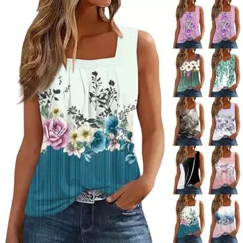 Женская плиссированная майка без рукавов с квадратным вырезом и растительным принтом L бежевый