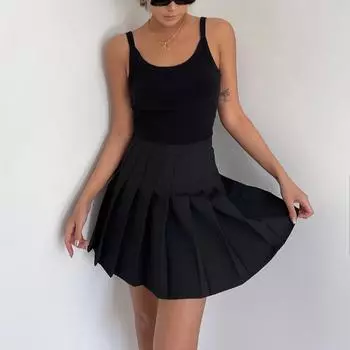 Женская плиссированная мини-юбка в стиле преппи с высокой талией А-силуэта, симпатичная черная серая юбка-шорты Y2K Skort школьная форма XS чёрный