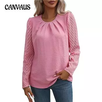 Женская плиссированная прозрачная рубашка с круглым вырезом и длинными рукавами на весну и осень в стиле темперамент S розовый