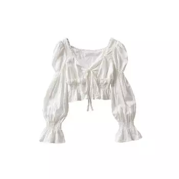 Женская плиссированная рубашка с длинными рукавами и французским фонарем, весна 2022, новая винтажная белая блузка с квадратным воротником, женские топы S белый