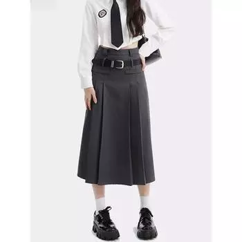 Женская плиссированная серая юбка в стиле Харадзюку с высокой талией, длинная, осень-зима 2024 года, модная юбка в стиле преппи А-силуэта в складку S серый