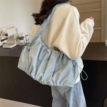 Женская плиссированная сумка на плечо, большая вместительная сумка для подмышек, однотонная пригородная сумка-тоут синий