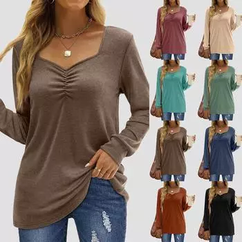 Женская плиссированная туника с длинными рукавами, женская повседневная свободная футболка, пуловер