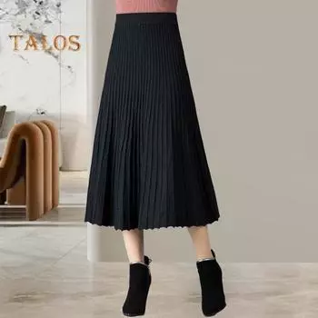 Женская плиссированная юбка, эластичная юбка-трапеция с высокой талией, однотонная юбка до середины икры, утолщенная юбка в стиле «коммутация» чёрный