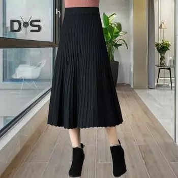 Женская плиссированная юбка, эластичная юбка-трапеция с высокой талией, однотонная юбка до середины икры, утолщенная юбка в стиле «коммутация» чёрный