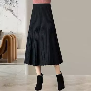 Женская плиссированная юбка, эластичная юбка-трапеция с высокой талией, миди, однотонная, до середины икры, утолщенная, для поездок на работу