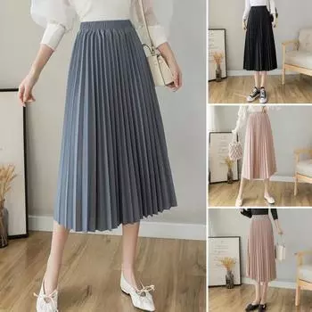 Женская плиссированная юбка, эластичная, высокая талия, однотонная юбка миди, мягкая, дышащая ткань, универсальный стиль, повседневная юбка XL чёрный