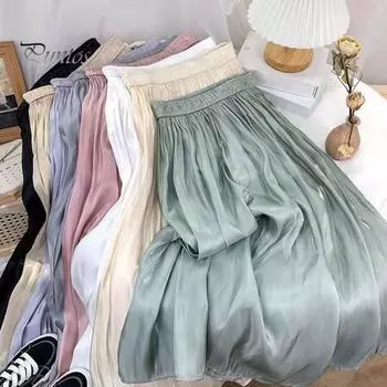 Женская плиссированная юбка, длинная юбка с высокой талией и эластичным поясом, однотонная глянцевая шифоновая атласная юбка, плиссированная юбка во французском стиле M зелёный