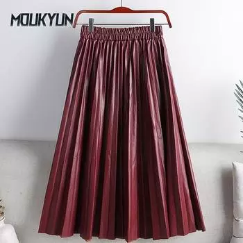 Женская плиссированная юбка миди из искусственной кожи PU, элегантная винтажная эластичная длинная юбка А-силуэта с высокой талией One Size