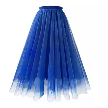 Женская плиссированная юбка-миди, тюлевая юбка, весна-лето, эластичная сетчатая юбка-пачка с высокой талией S синий