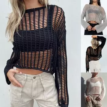 Женская пляжная блузка, ажурное трикотажное бикини, праздничное платье, блузка XL чёрный