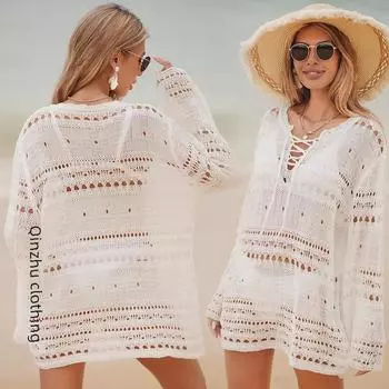 Женская пляжная блузка в европейском и американском стиле с рукавами-трубами и шнуровкой Extra Large белый