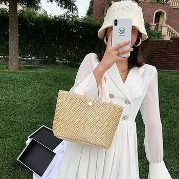 Женская пляжная модная плетеная сумка для отпуска в стиле ретро, соломенная сумка чёрный