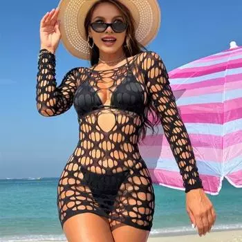 Женская пляжная накидка с круглым вырезом и длинным рукавом, ажурный дизайн, накидка на бикини с защитой от ультрафиолета