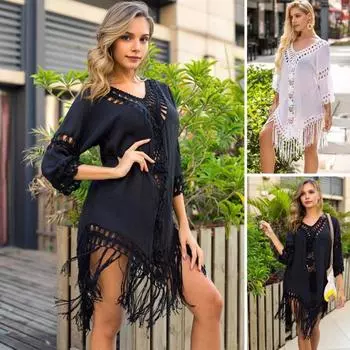 Женская пляжная накидка с v-образным вырезом и половиной рукавов, с открытой спиной, однотонная дизайнерская накидка, цветная, свободная, полая, вязаная крючком чёрный