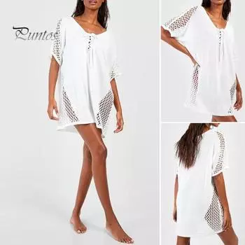 Женская пляжная накидка с v-образным вырезом и половиной рукавов, пляжная накидка, однотонная, с открытой шнуровкой, для плавания, защита от солнца, бикини, накидка белый