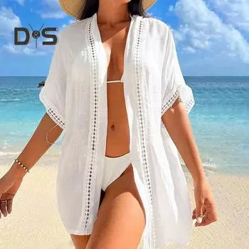 Женская пляжная накидка с вырезом для отпуска, солнцезащитный крем, защита от ультрафиолета, быстросохнущий купальник-бикини, однотонная свободная одежда для бассейна белый
