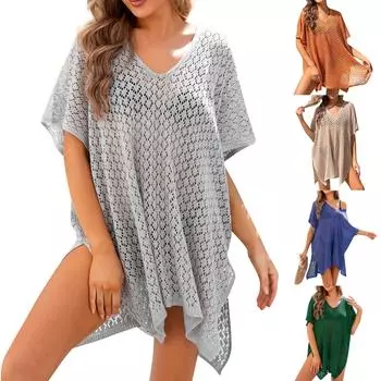 Женская пляжная накидка с вырезом, вязаный свитер, пляжный отдых, бикини, накидка One Size синий
