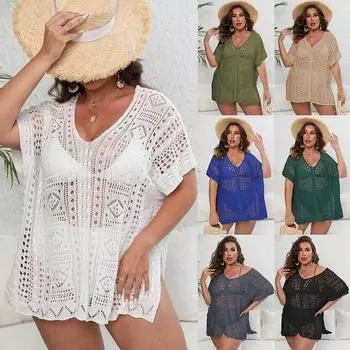 Женская пляжная накидка с вырезом, вязаный свитер, пляжный отдых, бикини, накидка One Size бежевый