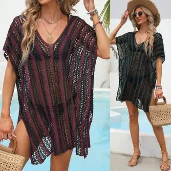 Женская пляжная накидка с вырезом, вязаный свитер, пляжный отдых, бикини, накидка One Size зелёный