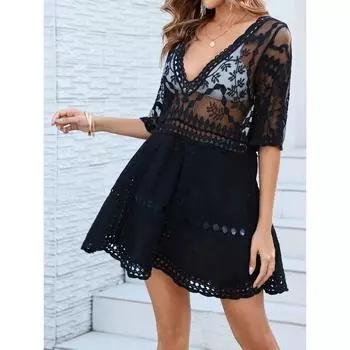 Женская пляжная накидка в стиле бохо, повседневный солнцезащитный топ с V-образным вырезом, вышитыми деталями, стандартные рукава One size чёрный