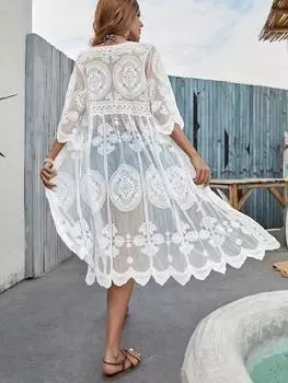 Женская пляжная накидка в стиле бохо с V-образным вырезом и короткими рукавами, вышитая кружевом, трикотажная ткань из 100% полиэстера, летний солнцезащитный бикини-кардиган с поясом Asian One-size белый