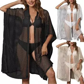 Женская пляжная одежда, накидка для отдыха, сетчатое лоскутное платье с воротником рубашки нестандартной формы, свободное однотонное накидка One Size чёрный