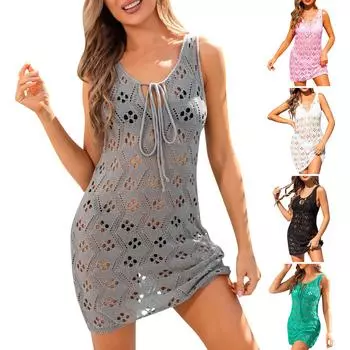 Женская пляжная одежда, накидки на ажурный купальник со шнуровкой на груди L чёрный