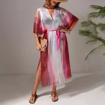 Женская пляжная одежда, прикрытие, свободный кардиган с бахромой и солнцезащитным кремом, контрастный цвет сетки, сексуальное бикини, прикрытие для пляжного отдыха у бассейна, загара розовый