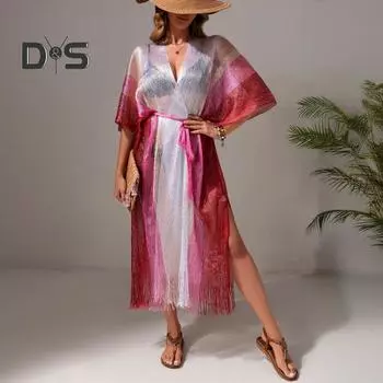 Женская пляжная одежда, прикрытие, свободный кардиган с бахромой и солнцезащитным кремом, контрастный цвет сетки, сексуальное бикини, прикрытие для пляжного отдыха у бассейна, загара розовый