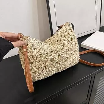 Женская пляжная плетеная соломенная сумка-мессенджер через плечо Boho Hollow Out Crochet Crossbody Handbag Кошелек Макраме Сумки 28x2x22cm бежевый