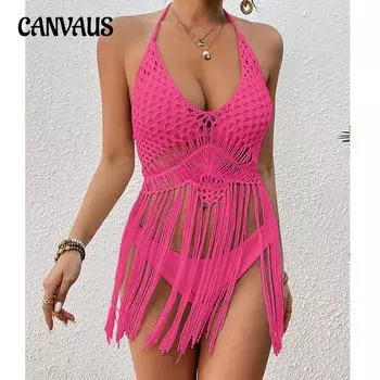 Женская пляжная праздничная сексуальная ручная вязка крючком с завязками на бретельках с длинной бахромой и коротким топом S белый