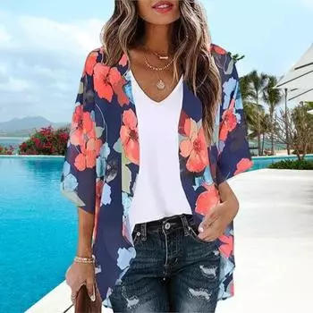 Женская пляжная рубашка 45720 с рукавами средней длины, солнцезащитные топы с цветочным принтом, дышащие, свободные XL темно-зеленого