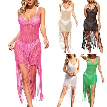 Женская пляжная рубашка бикини с бахромой, трикотаж с вырезами L чёрный