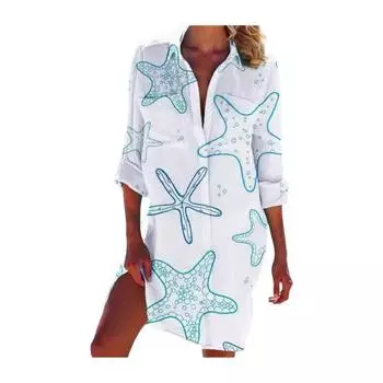 Женская пляжная рубашка, однобортная рубашка с длинными рукавами и лацканами, топы с накладными карманами, пляжная рубашка средней длины с принтом морской звезды M белый