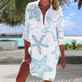 Женская пляжная рубашка, однобортная рубашка с длинными рукавами и лацканами, топы с накладными карманами, пляжная рубашка средней длины с принтом морской звезды M белый