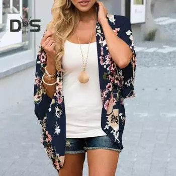 Женская пляжная рубашка с цветочным принтом и коротким рукавом, открытая строчка, тонкая, мягкая, дышащая, защита от солнца, анти-УФ, свободная женская пляжная накидка M чёрный