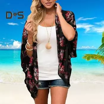 Женская пляжная рубашка с цветочным принтом и коротким рукавом, тонкая, мягкая, дышащая, защита от солнца, анти-УФ, свободная женская пляжная накидка XL красный